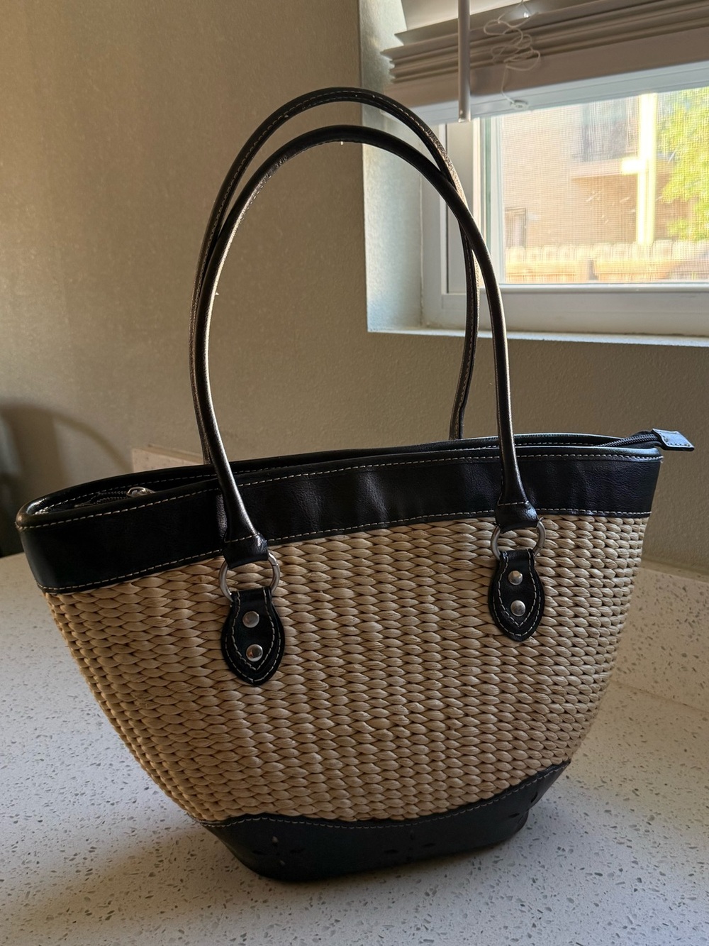 Woven Straw Tote Bag with Black Trim
